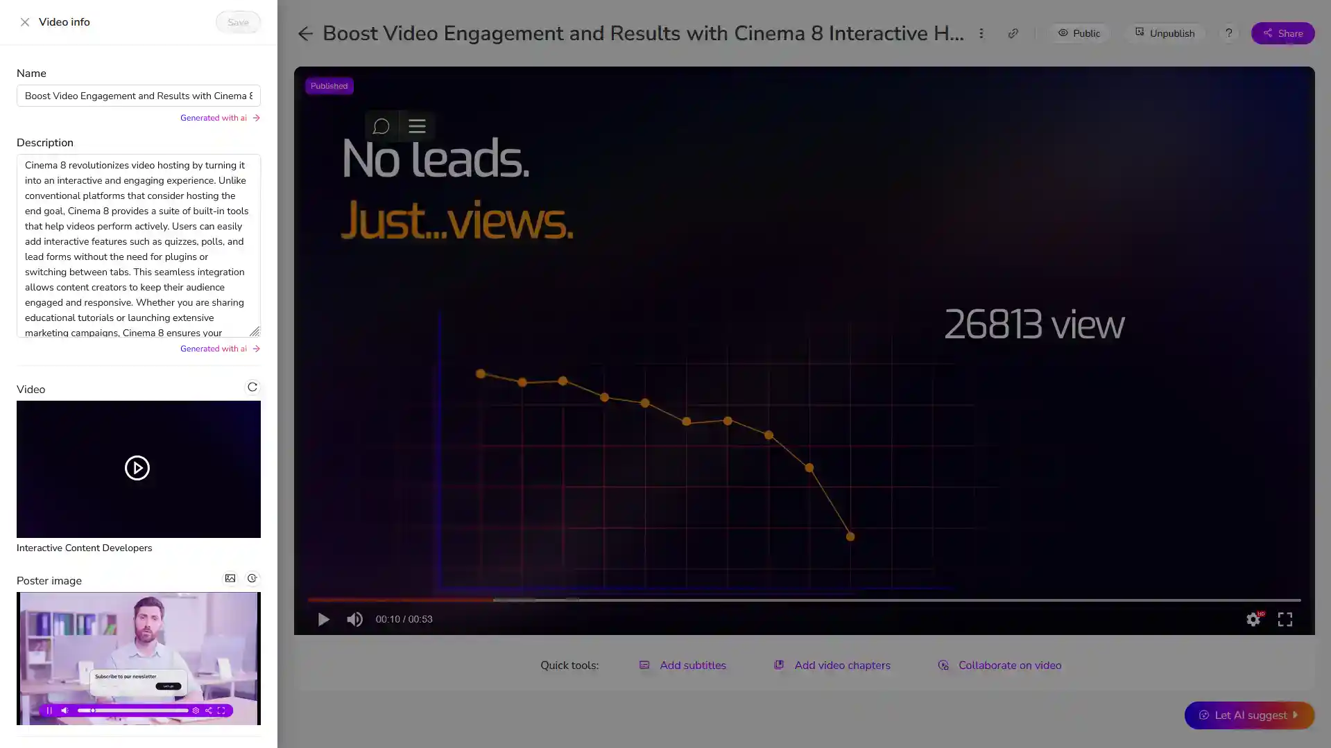 Cinema8 platform showing a video titled 'Boost Video Engagement and Results' with a graph illustrating views and engagement, highlighting the decline in views and a total of 26,813 views.