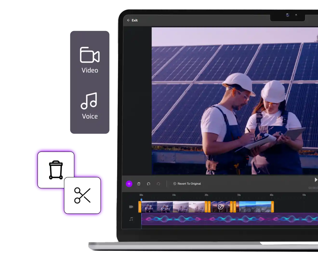 Quick editing features for rapid video creation in Cinema8 video hosting illustrated with relevant visuals.