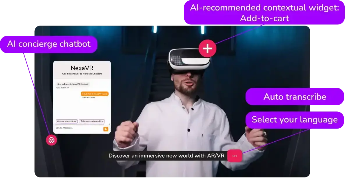 Man wearing a VR headset interacts with Cinema8’s AI-powered chatbot, exploring features like auto-transcribe and language selection through contextual widgets.