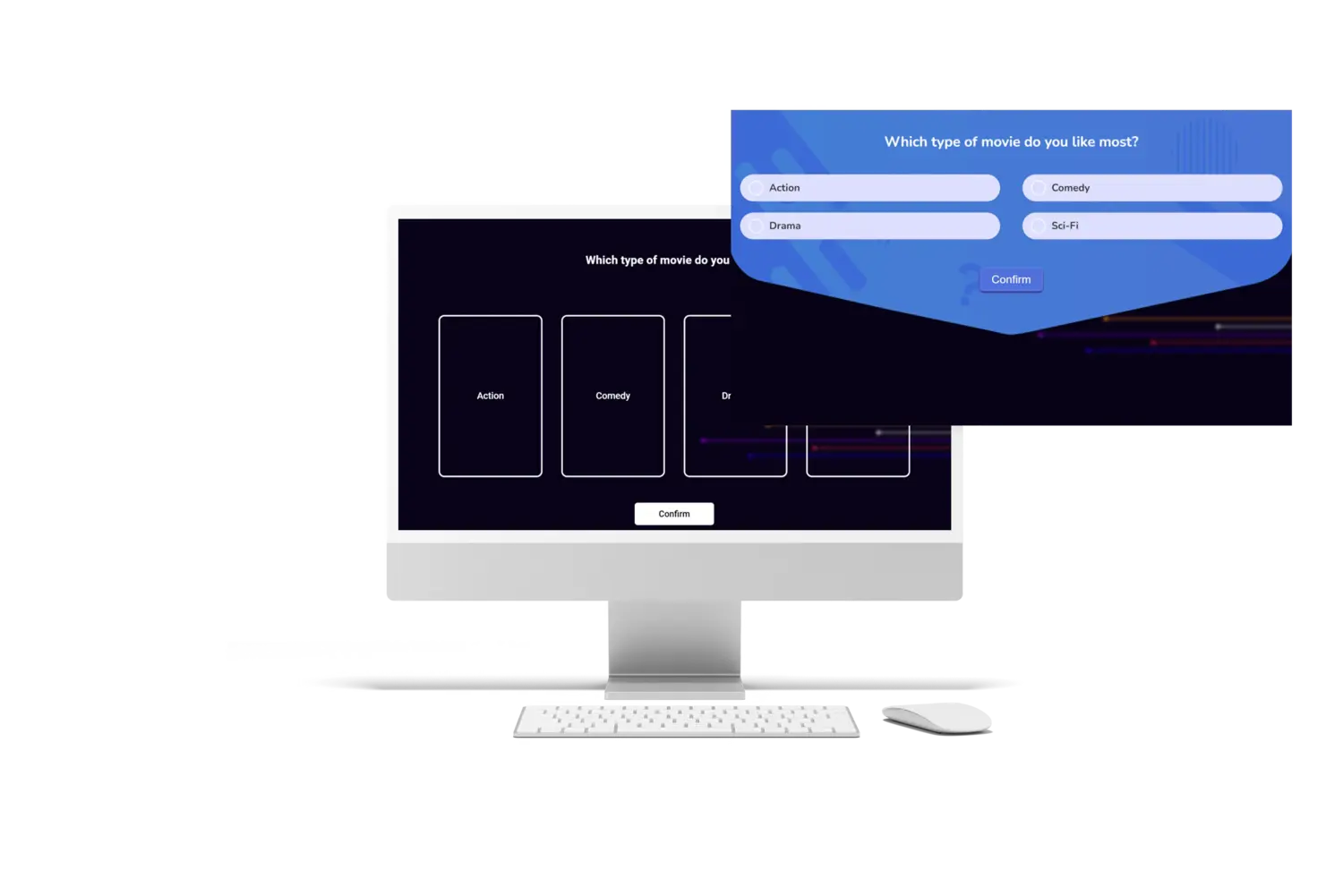 Quiz and poll integration in videos in Cinema8 video hosting illustrated with relevant visuals.