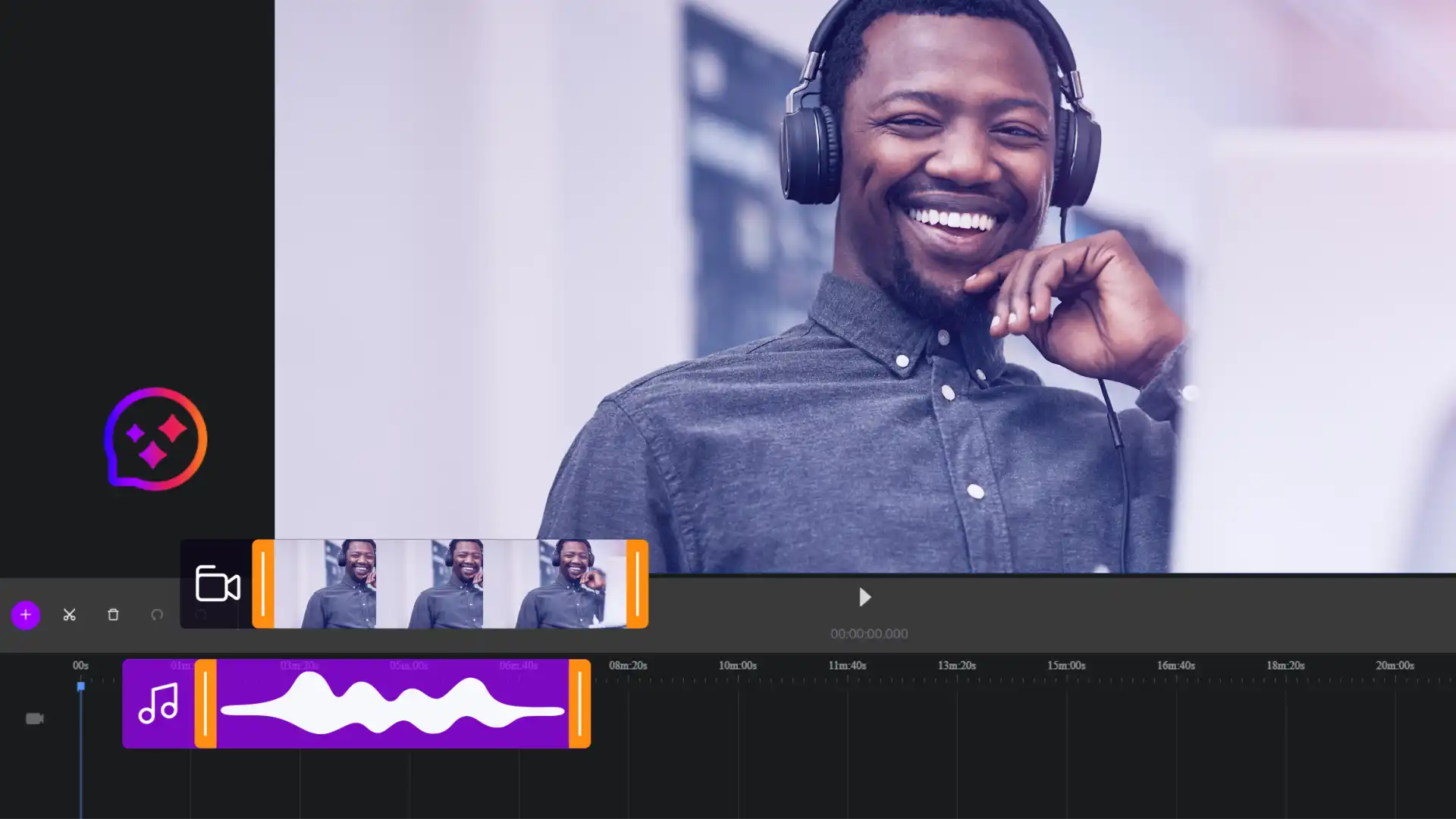 The Cinema8 video hosting platform's editor is being used to add sound effects to a video. The video and SFX are shown in the timeline.