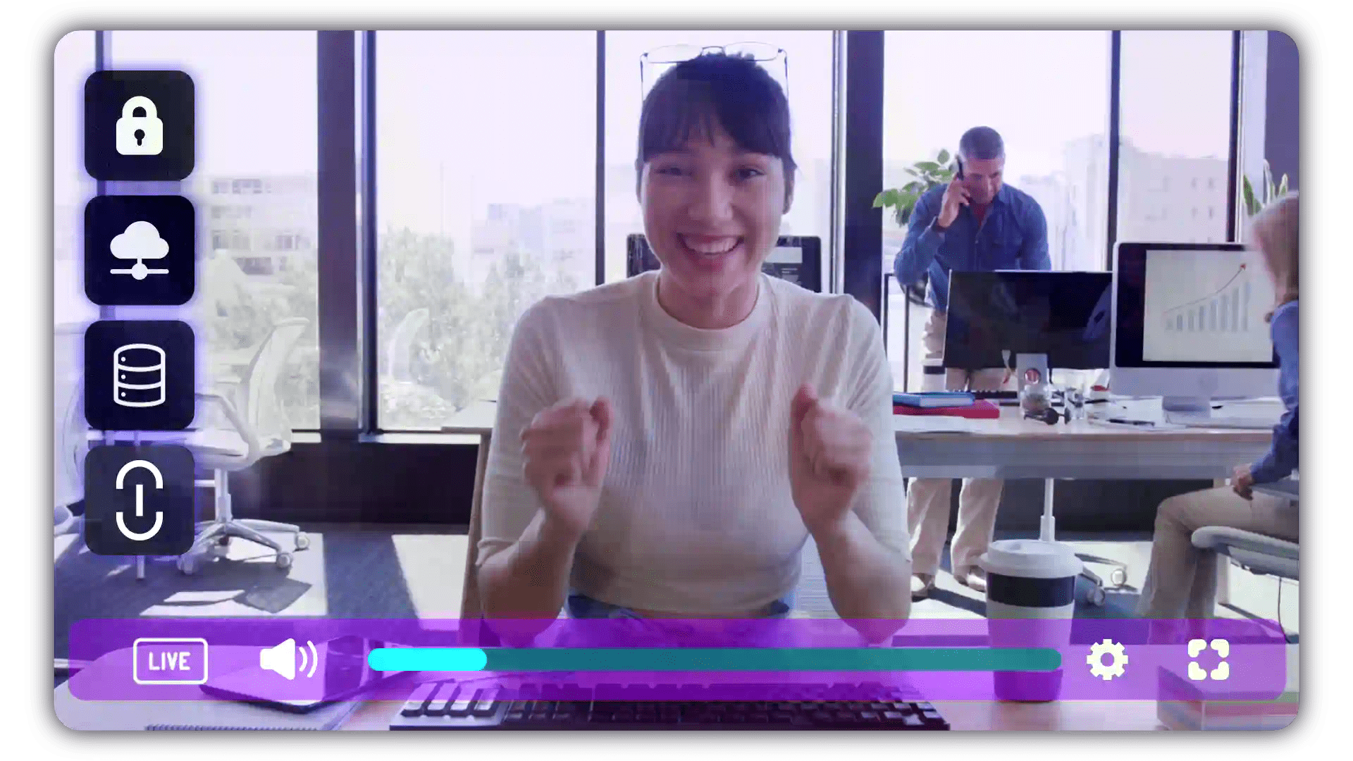 Cinema8's video hosting platform shows live streaming capabilities for coaches. On the side of the video player are icons representing security and sharing features.