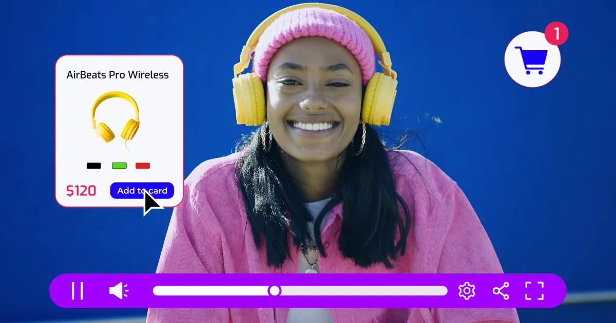 A product demo hosted video shows a girl with headphones on. There is a clickable pop-up giving viewers the ability to buy the product directly from the video.
