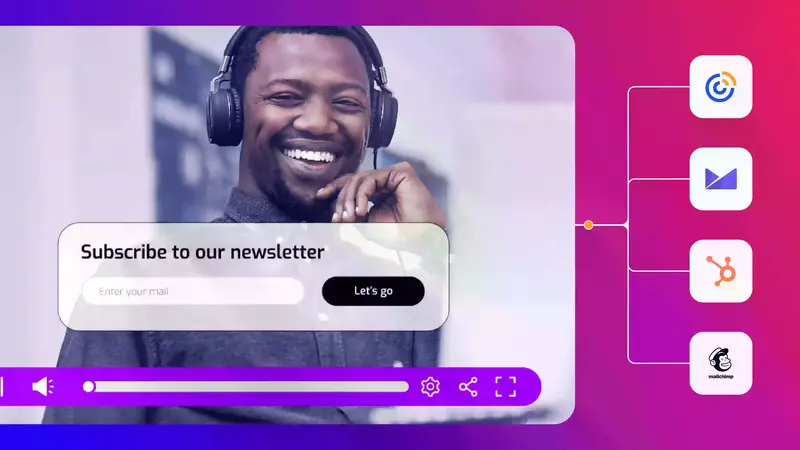 A video is playing inside Cinema8's video hosting platform. Lines indicate that the video's analytics and engagement data are linked to different CRM systems.