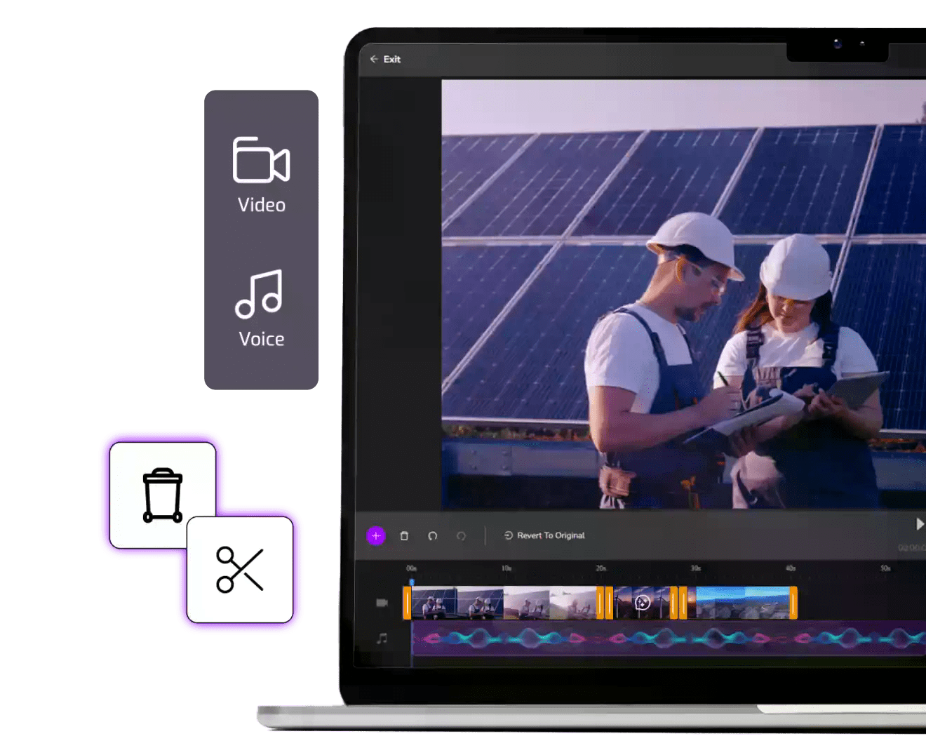 A student's video project is being created in Cinema8's video editing tools. Icons on the side represent different features such as cutting and deleting clips and adding video and voice audio.