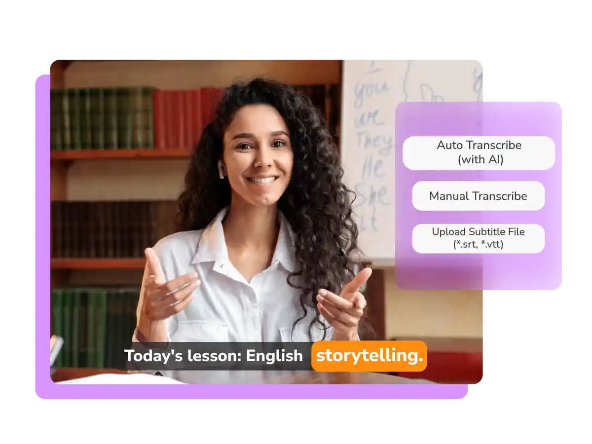 Cinema8's transcription tools are shown as a recommendation for a video. Users can choose between auto transcription, manual transcription, and uploading subtitle files.
