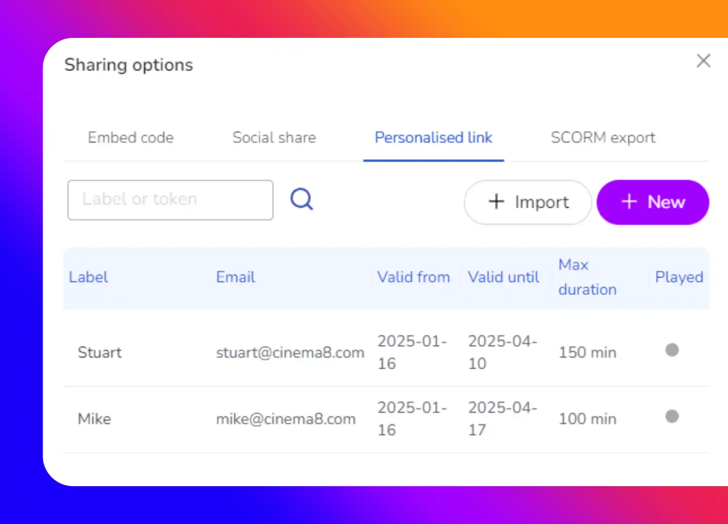 Cinema8's video hosting dashboard shows that a video has been shared internally and is only accessible by specific team members.