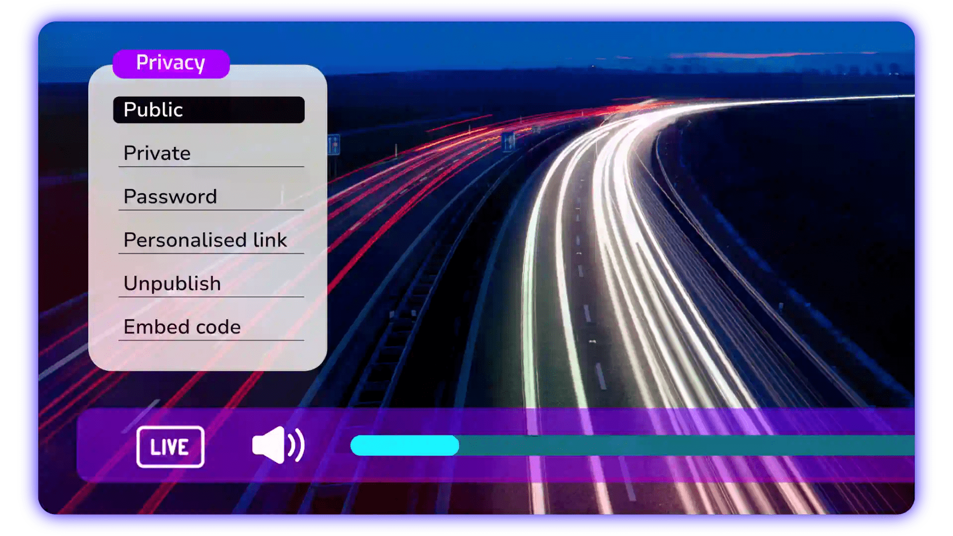 Cinema8's dedicated video hosting platform shows a range of security settings including private access, personalised links, and password protection.