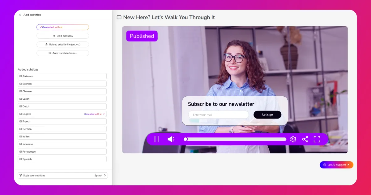 Cinema8's video hosting platform with a number of tools on the left of the screen including an AI subtitle generator.