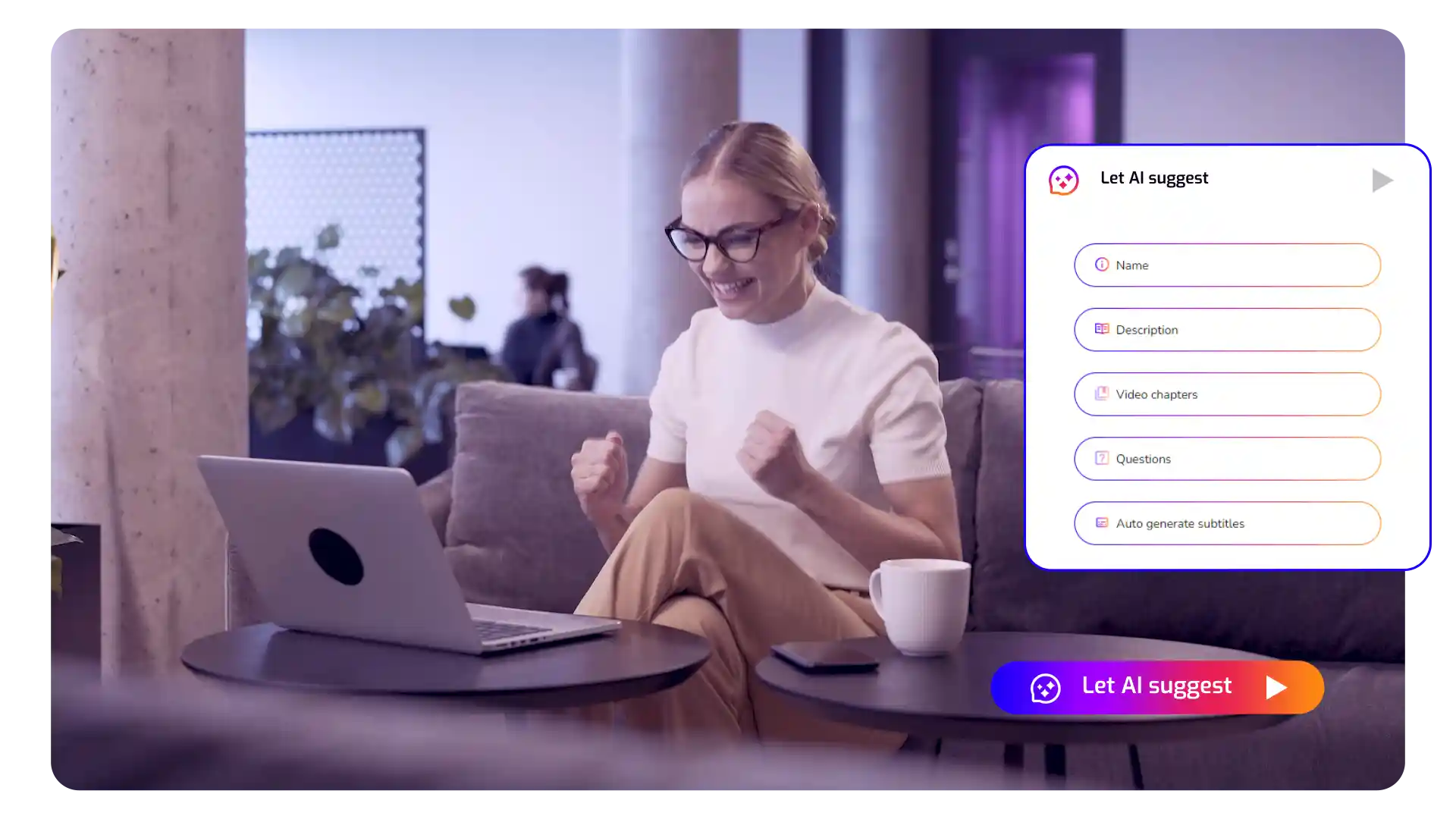 An employee is cheering after seeing the option to transcribe with Cinema8's AI-driven interactive video tools.