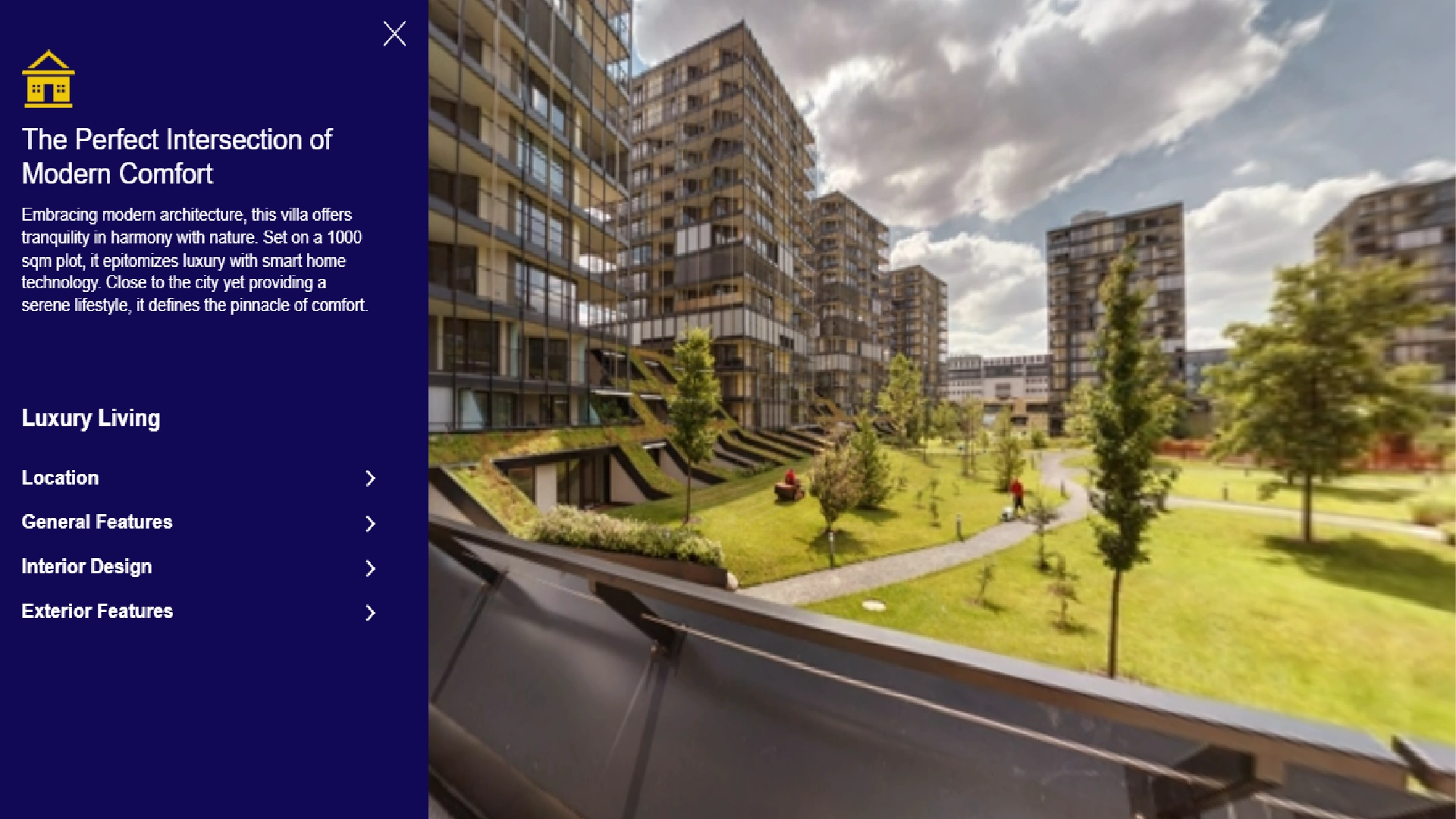 A B2B business 360 video shows a pop-up with information about an investment property. Viewers can click on different elements to learn more.