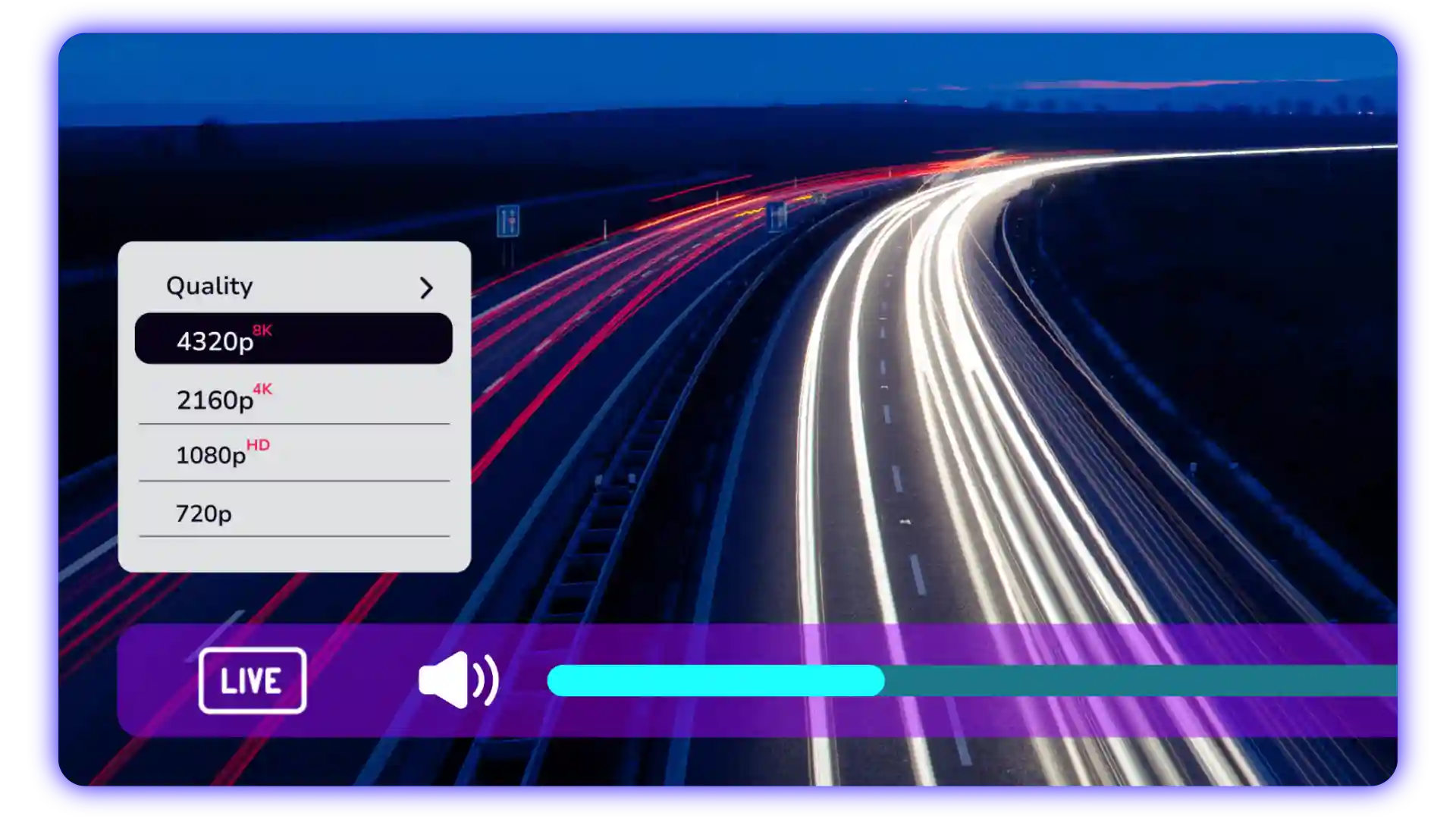 A hosted video with a range of video quality settings presented to the viewer.