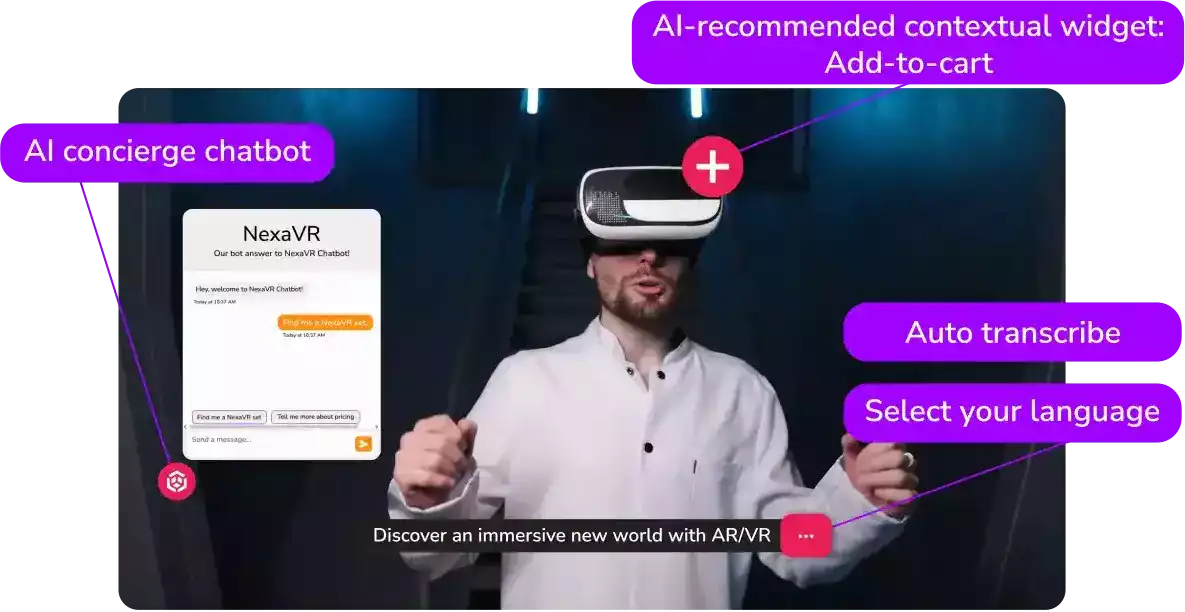 A SaaS company is busy creating a product demo. AI is suggesting a number of interactive additions to the video such as embedded CTAs and a chatbot.