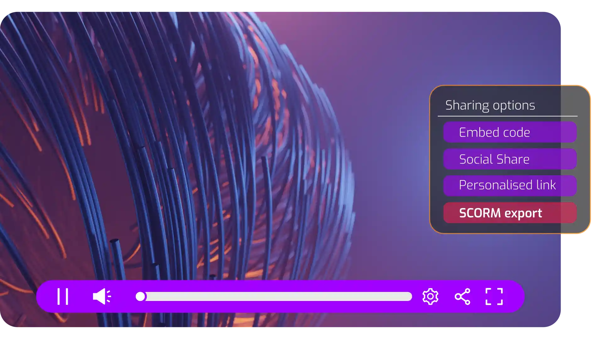An EdTech company has used Cinema8's video hosting platform and is presented with sharing options including an option for SCORM export.