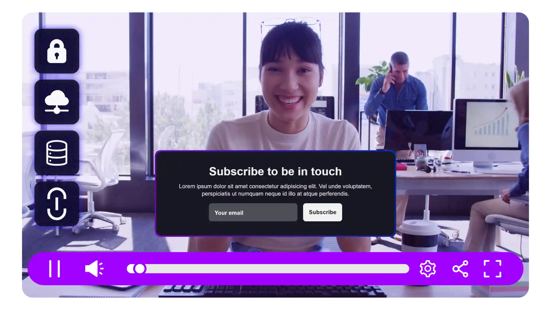 A financial institution's video is playing with a lead capture form embedded in the video and icons on the side which represent security and compliance of the hosting platform.