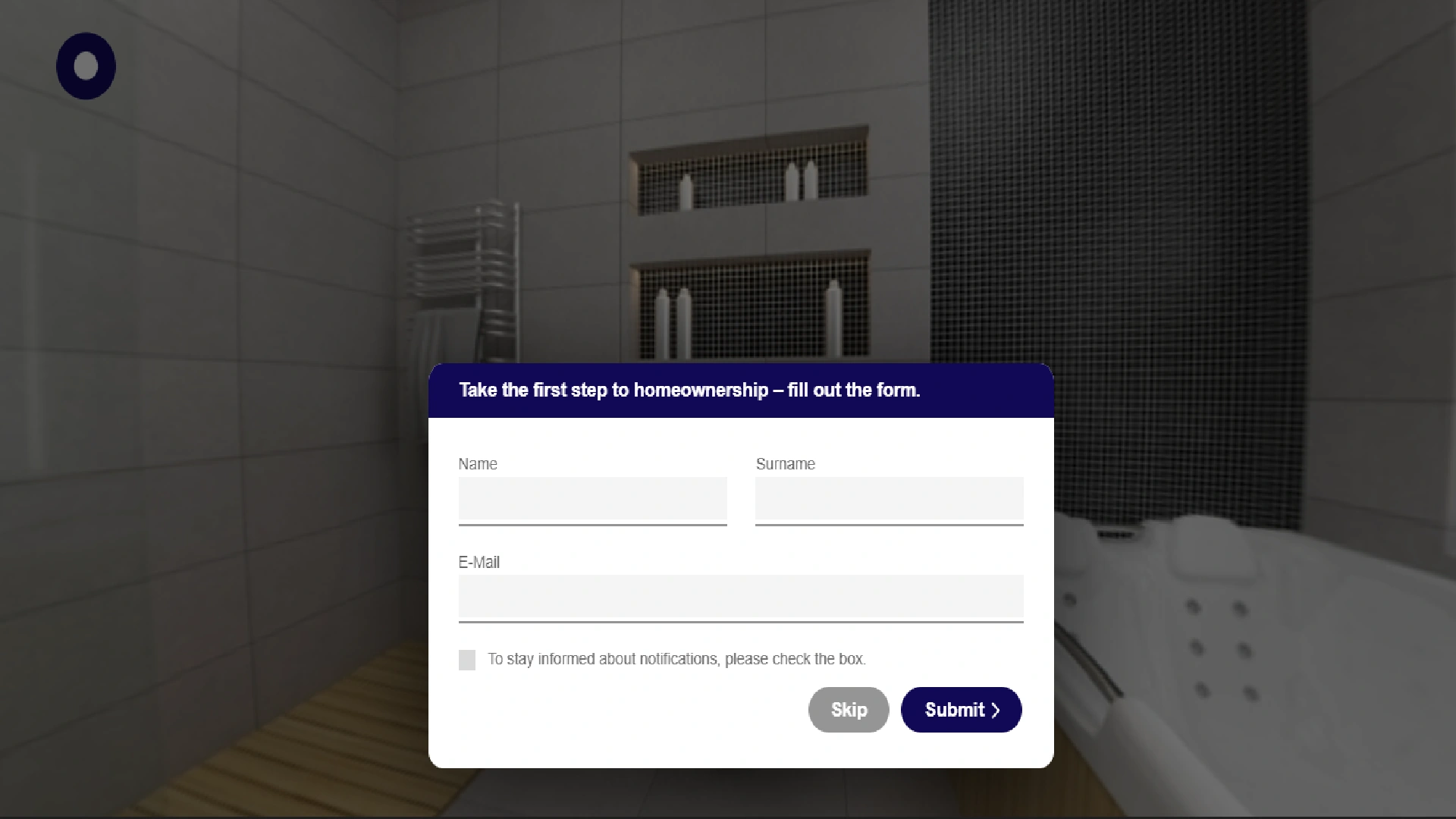 A lead form has popped up in an interactive real estate video for viewers to add their details.