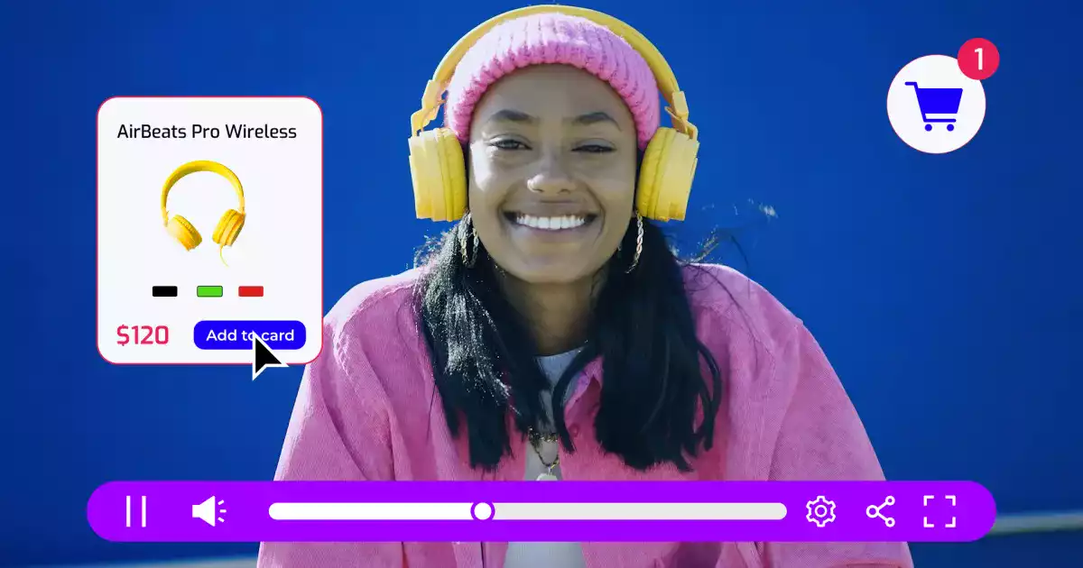 A hosted marketing video shows an embedded CTA that gives customers the ability to add a product to their cart directly from the video.