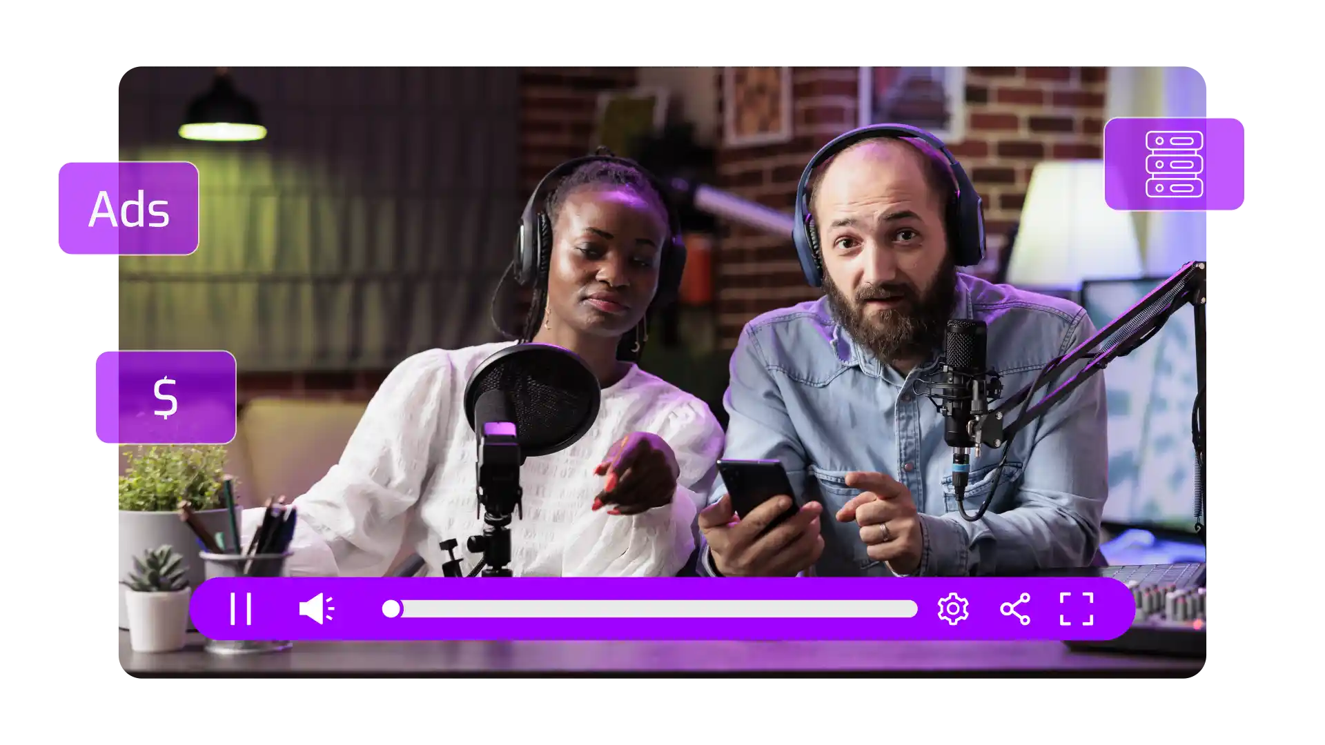 Two people are reviewing a product in a video. The video hosting platform shows opportunities to monetise the video.