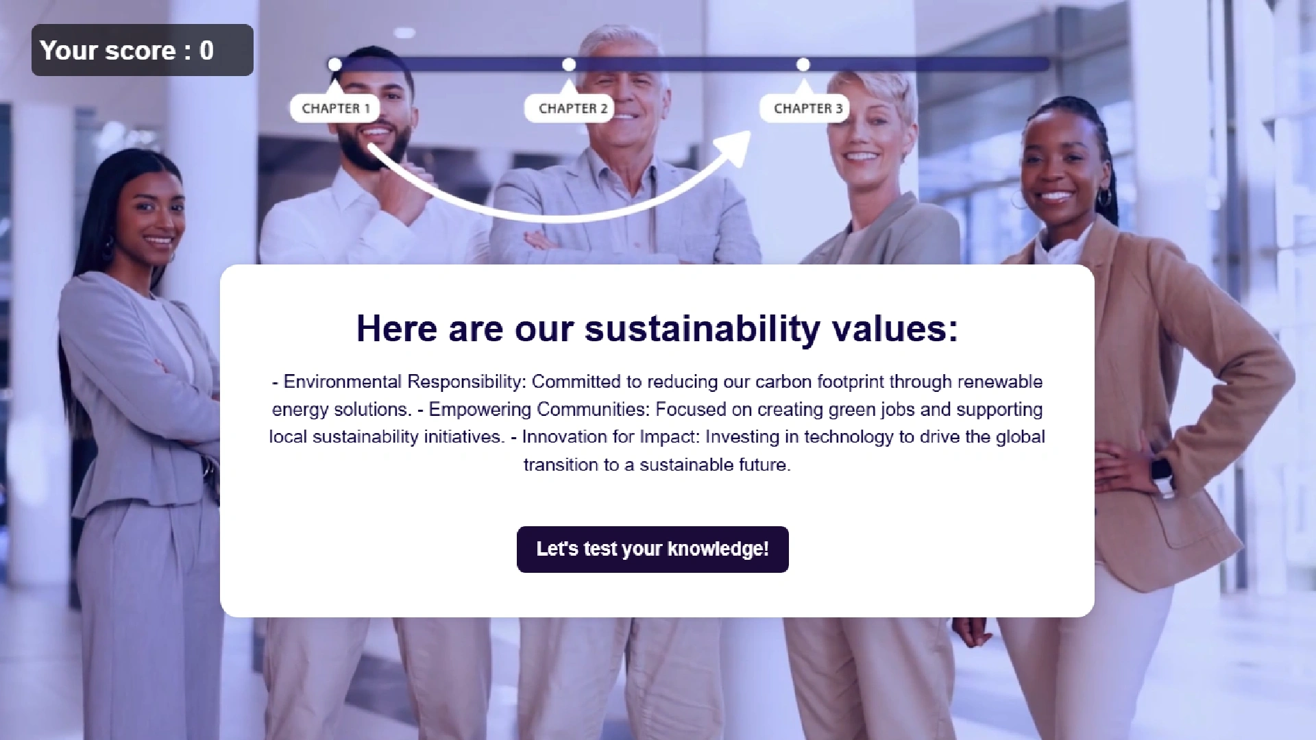 Interactive video training screen created with Cinema8 showing branching scenario on sustainability values. Viewers choose chapters and test their knowledge through clickable options.