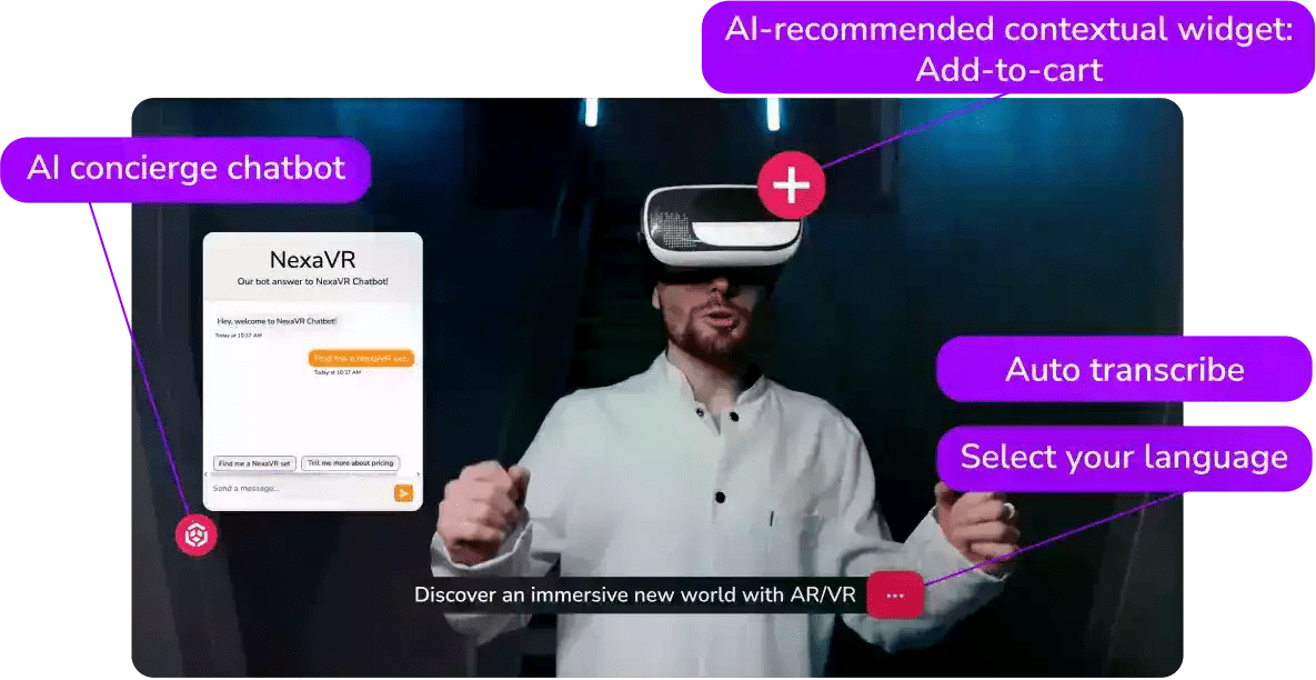 A company has used Cinema8's tools to create a product demo video. There are a number of interactive overlay suggestions including an AI concierge chatbot, contextual widgets, and transcription options. 