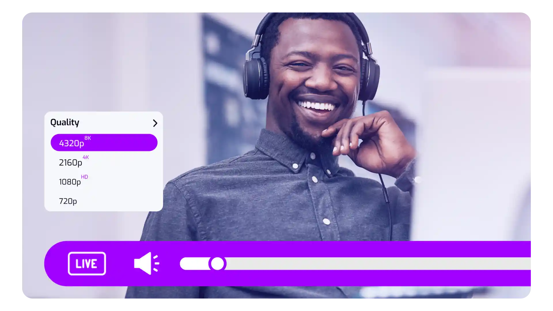 Cinema8's dedicated video hosting platform shows the ability to play high-quality content. The customer is choosing to play the video in 4320p.