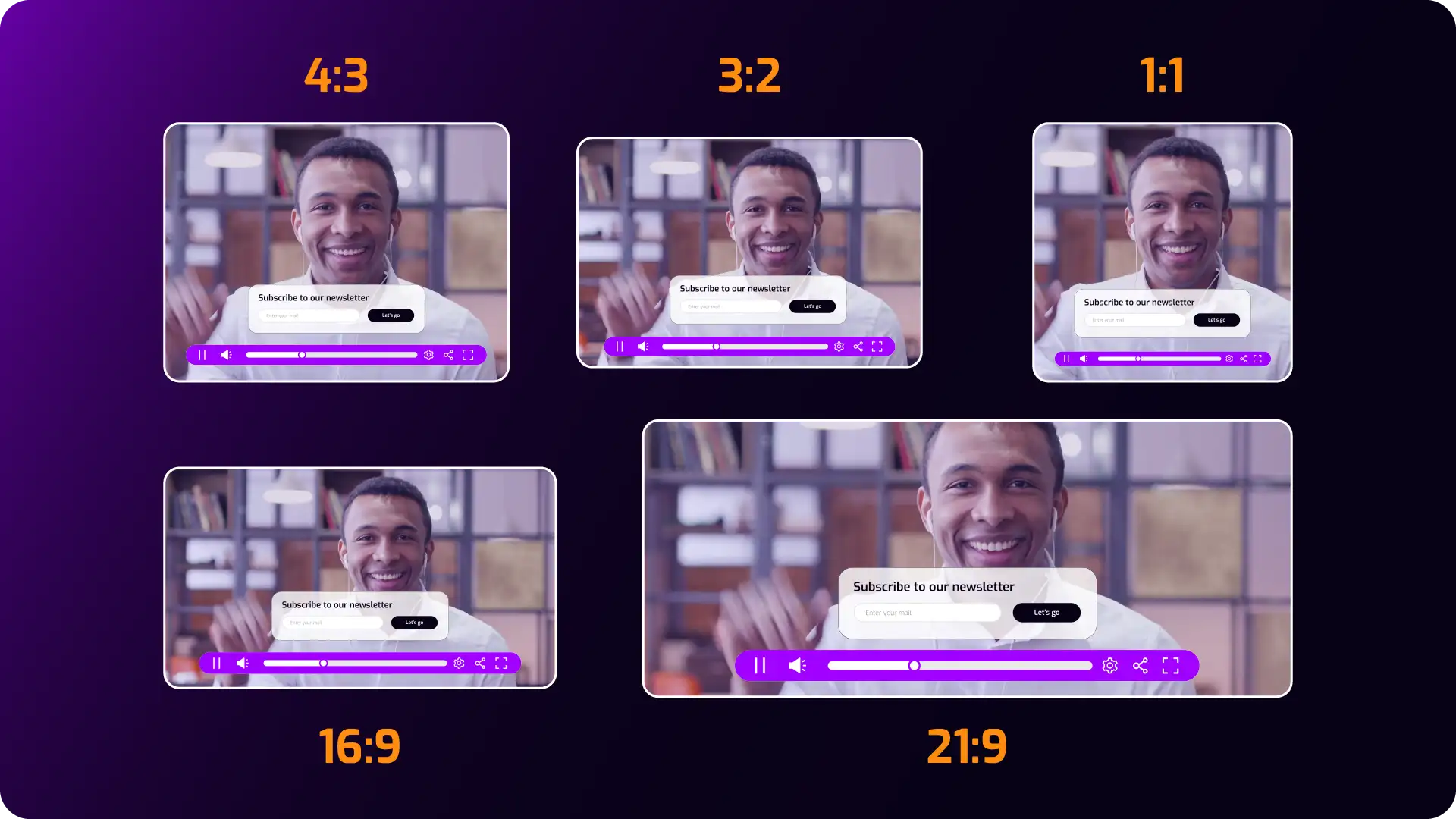 Cinema8 video hosting platform displaying an interactive video with embedded hotspots and lead forms, shown in different aspect ratios for cross-device delivery.