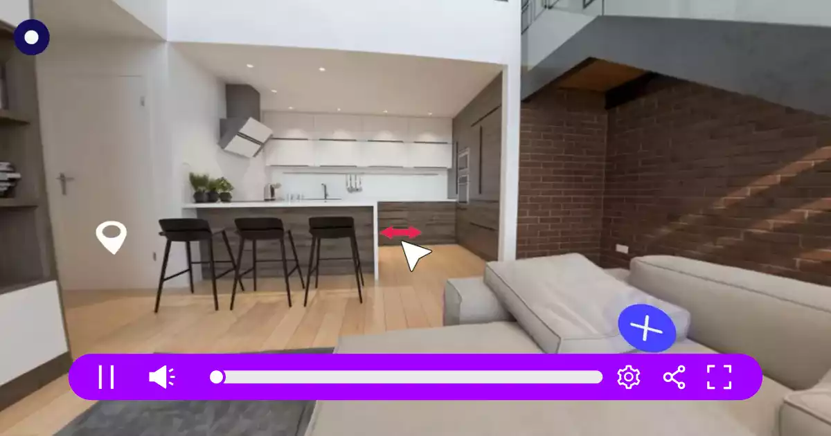 A hosted 360º video gives viewers the option to choose which direction they want to go in order to explore different rooms in a real estate listing.