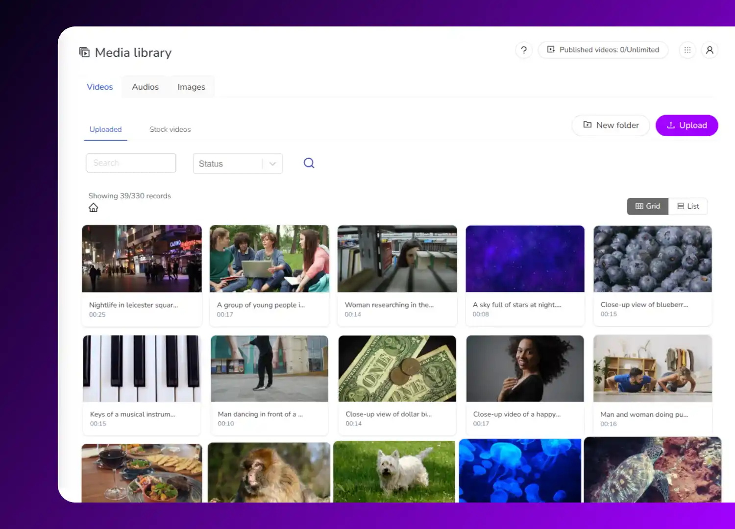 A media library with a range of videos that have been uploaded to the video hosting platform.