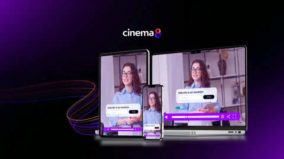 Mobile friendly interactive video design in Cinema8 video hosting illustrated with relevant visuals.