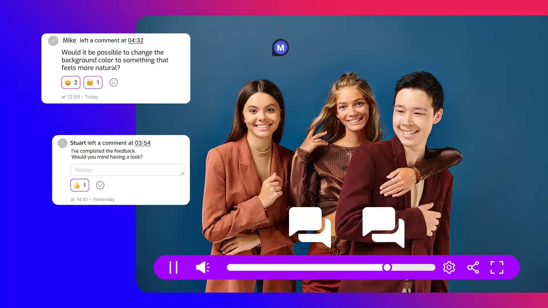 A hosted video shows different comments from marketing agency employees. These comments include requests to make changes to certain parts of the video.