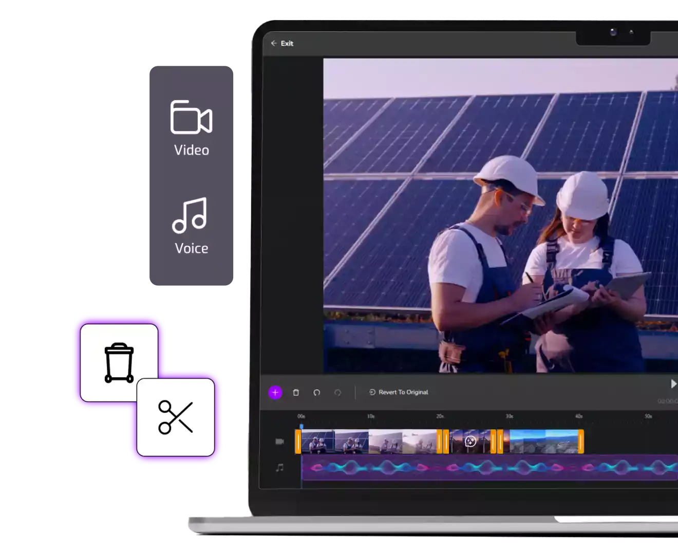 Someone is using Cinema8's interactive video editor. They have added videos and audio to the timeline before adding interactive elements.
