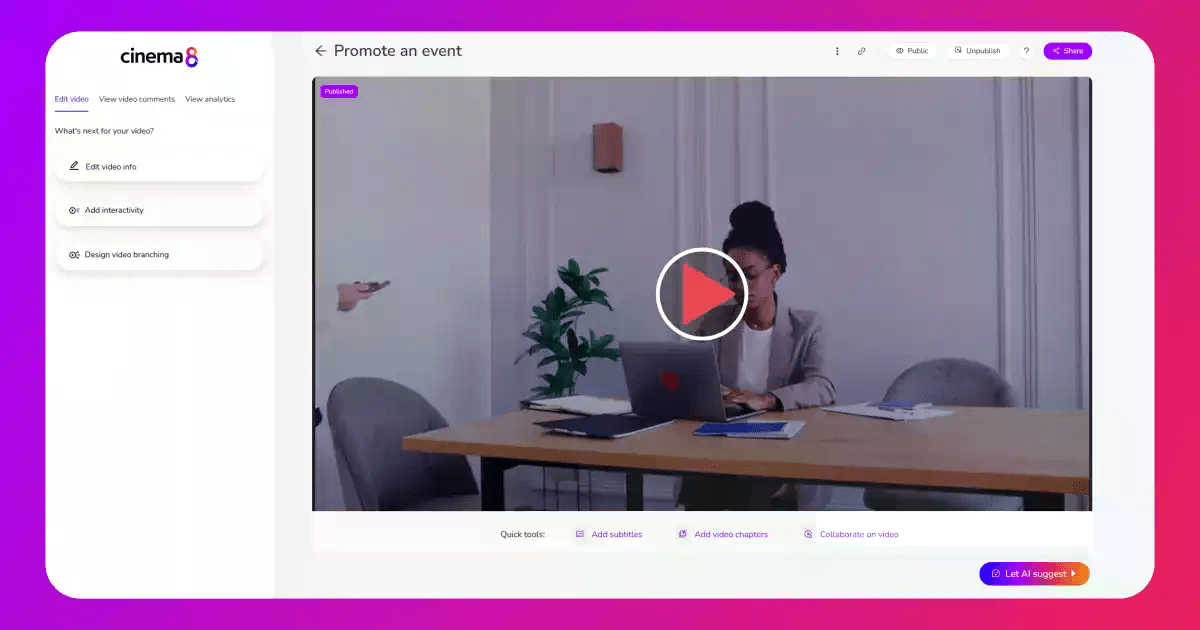 Cinema8's video hosting platform's editing tools show the ability to add a wide range of customisations to your videos.