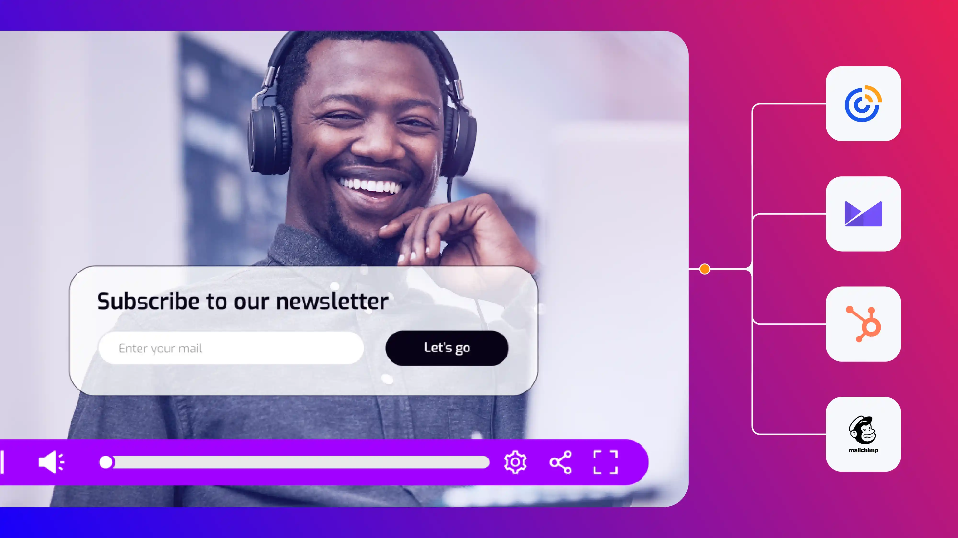 A video hosting platform shows an embedded lead form in the marketing video as well as a variety of CMS integration options.