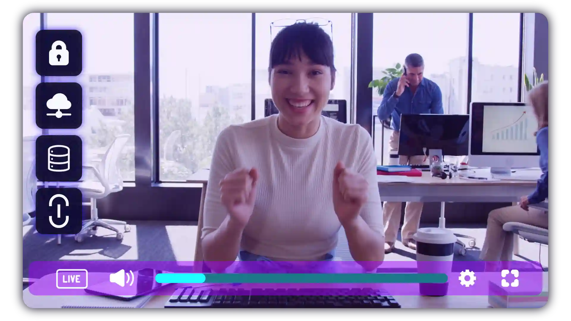 A video player shows a recording of a woman in an office providing business updates.