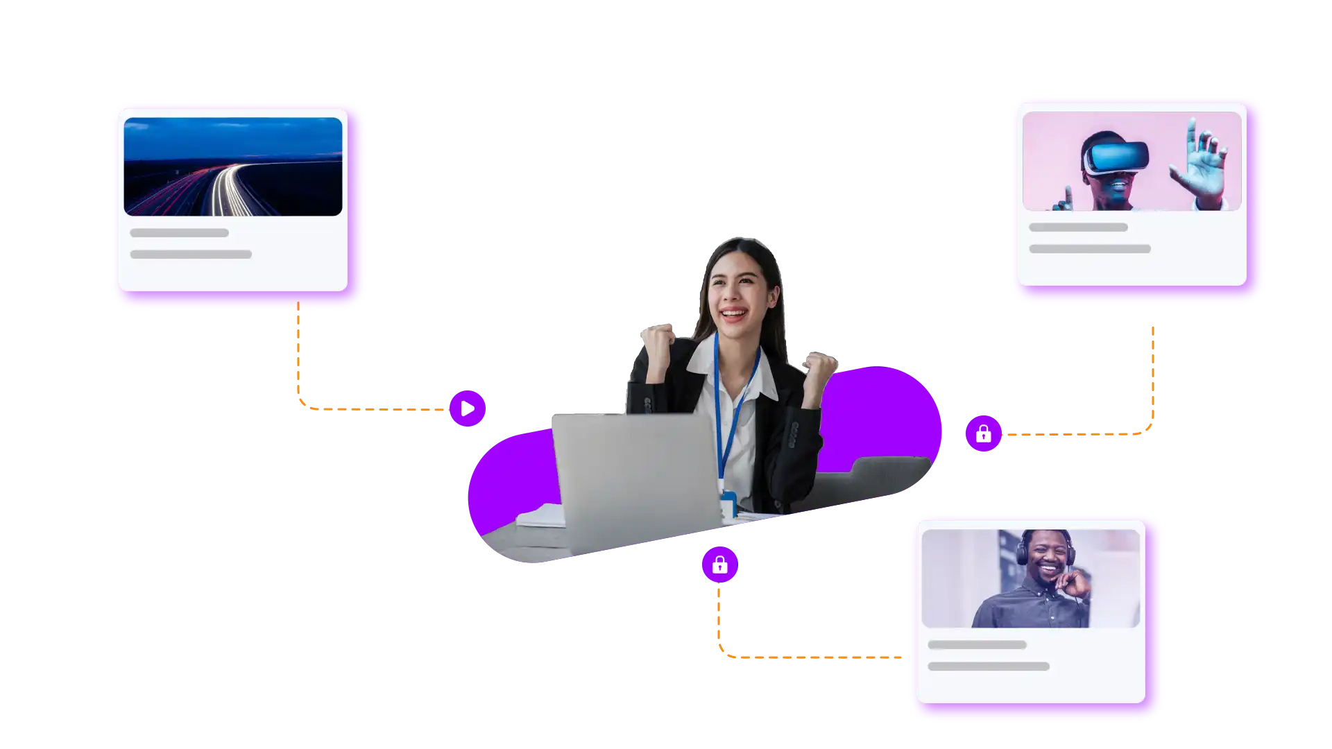 A business woman has access to only one secure video stream, while the other two videos shown are locked to represent Cinema8's security capabilities.