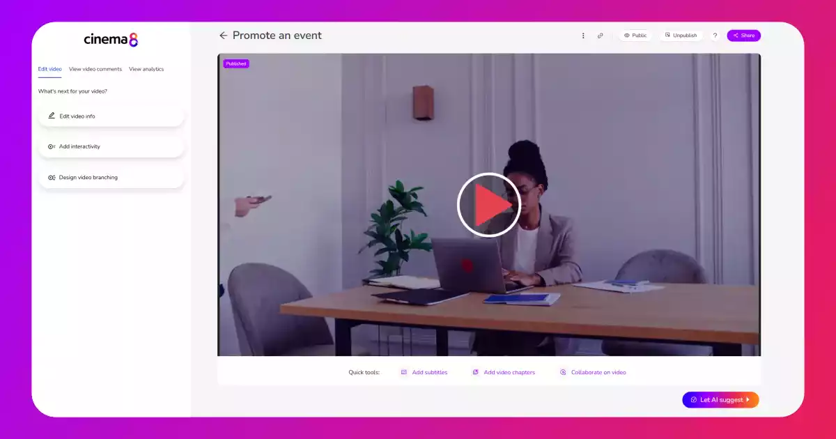 Cinema8's tools show the ability to edit video information in order to optimise the content for SEO. There are also options to add subtitles, interactivity, and more.