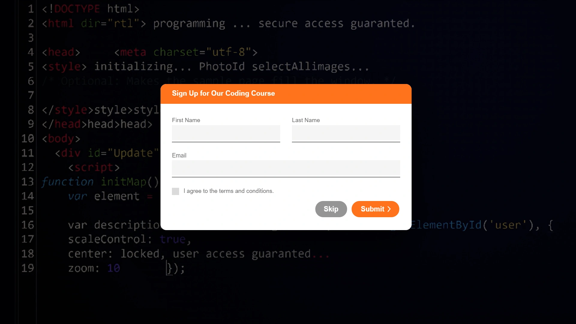 A coding business has used Cinema8's interactive overlay tools to add a sign up form to their coding course.