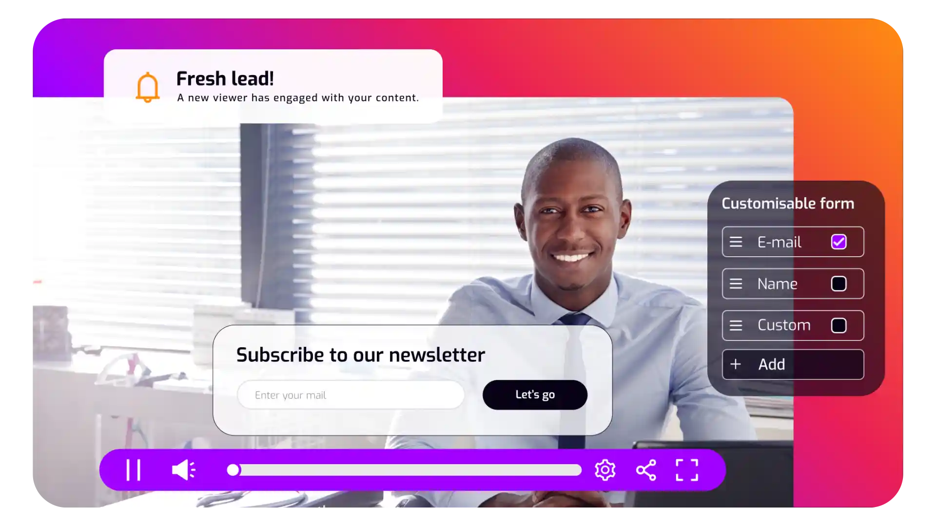 A SaaS company has used an in-video lead form to start converting leads and keep viewers engaged. There is a notification indicating that they've just received a new lead.